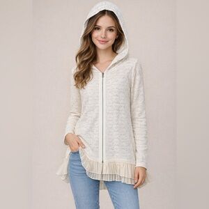 Mystree Cream Lace Knit full zip Hooded Cardigan with Ruffle Trim